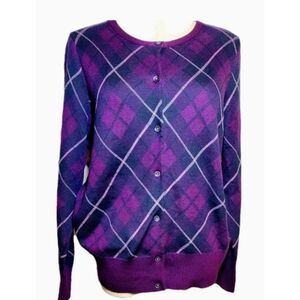 Lands End Womens Purple Plaid Supima Cotton Cardigan Sweater Size MP Careerwear